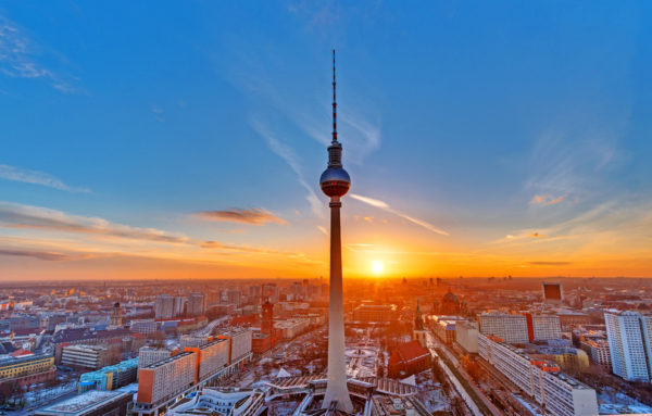 Beautiful sunset with the Television Tower at Alexanderplatz in
